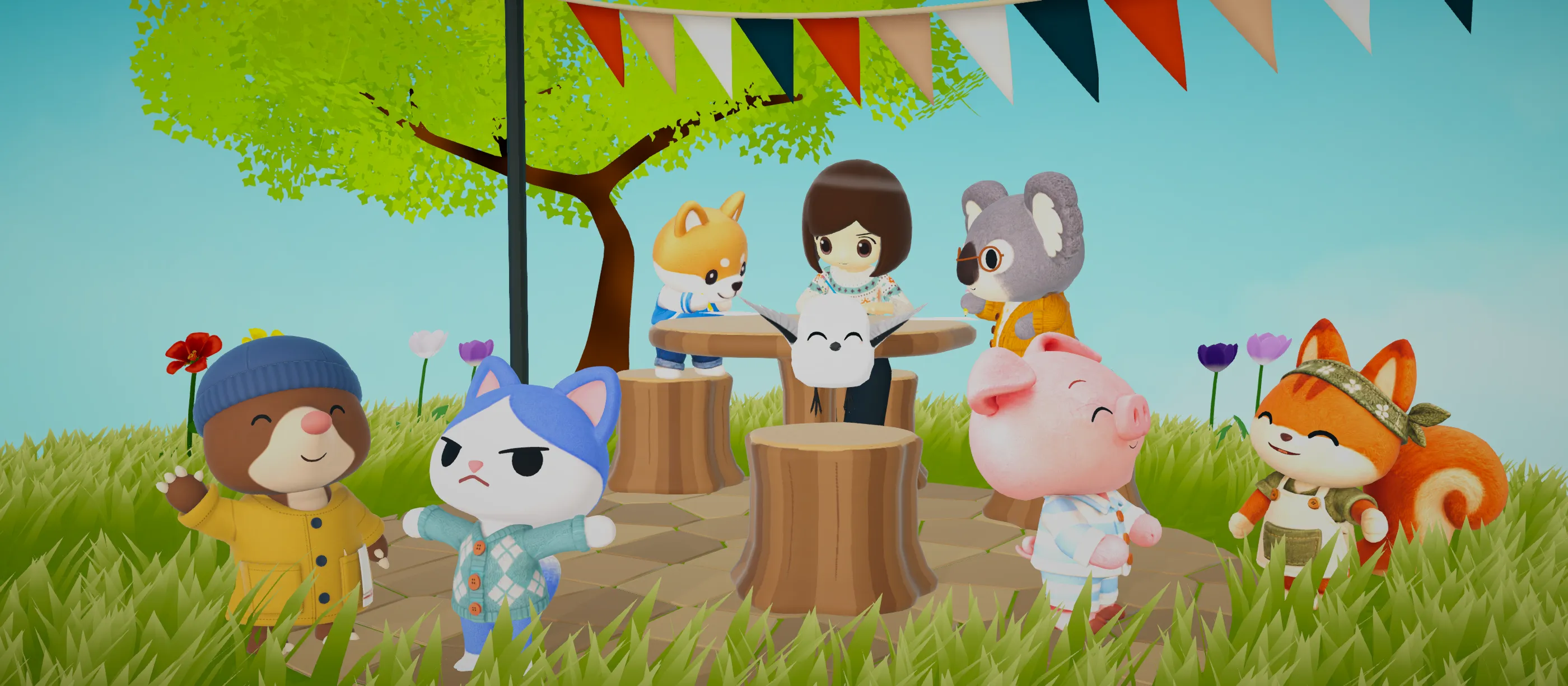 In a spring plaza under bunting flags, the player and friends do homework around a table while other animals wave and chat nearby