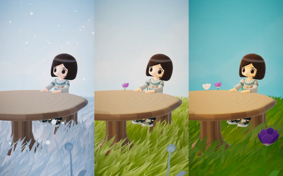 The same desk changing from snowy winter to spring, with grass and flowers